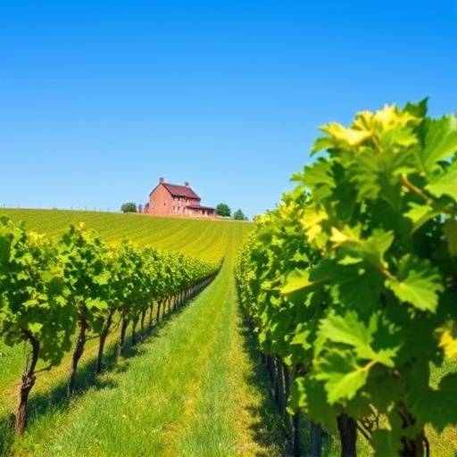 Champ de vignes luxuriant sous un ciel bleu clair, avec une vieille ferme au loin